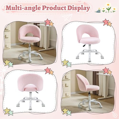 VINGLI Small Vanity Chair with Faux Fur Wheels for Girls,Cute Adjustable Height Armless Office Desk Chair,360°Swivel Comfy Rolling for Study,Make up Room,Small Space,Light Pink - color: Furry Pink