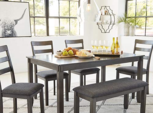 Signature Design by Ashley 6-Piece Dining Table Set with Bench, Gray | Plush gray polyester seats, Wood, veneer and engineered wood build, Space-saving tuck-under bench, Bridson Series - color: Grey