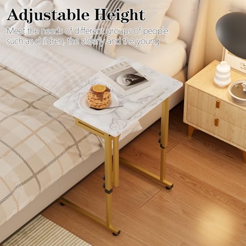 Folding tv Tray Dinner Snack Table,6 Height Adjustable Slide Under Couch Side Table, Portable Small Foldable C-Shaped End Table for Eating with Sturdy MDF Top,No Assembly(White Marble+Gold) - color: White Marble + Gold