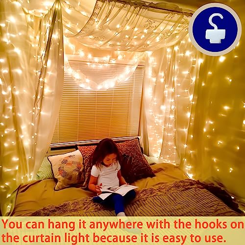 Eueasy 300 LED Curtain Lights, 9.8ft x Fairy Lights with 8 Modes, String Hanging Remote Control, Perfect for Indoor/Outdoor Christmas, Wedding, Party Wall Decorations (Warm White) (BG-CL3M3-306L01)