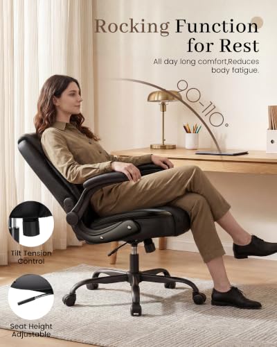 COMHOMA Mid-Back Office Chair, Ergonomic PU Desk Chair with Flip up Arms, Small Computer Gaming with Comfy Lumbar Support,Rocking Function,Sturdy Metal Base, Black - color: Black