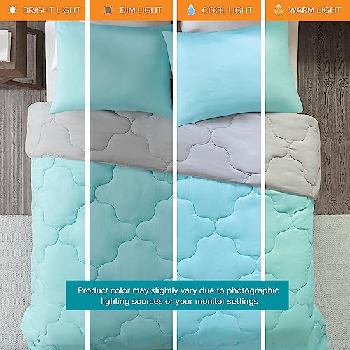 Comfort Spaces Vixie Reversible Comforter Set - Trendy Casual Geometric Quilted Cover, All Season Down Alternative Cozy Bedding, Matching Sham, Aqua/Gray, Twin/Twin XL 2 piece | Down Alternative, All Season, Bedding for Bedroom, Geometric Pattern, Reversi