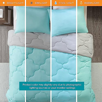 Comfort Spaces Vixie Reversible Comforter Set - Trendy Casual Geometric Quilted Cover, All Season Down Alternative Cozy Bedding, Matching Sham, Aqua/Gray, Full/Queen 3 piece | Down Alternative, All Season, Bedding for Bedroom, Geometric Pattern, Reversibl