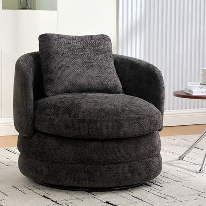 Round Swivel Barrel Chair with Comfy Pillow, Beige Small Accent Chair with Curved Backrest, Modern Upholstered Armchair & Chenille Barrel Accent Chairs for Living Room Bedroom Office (Dark Gray) - color: Dark Gray