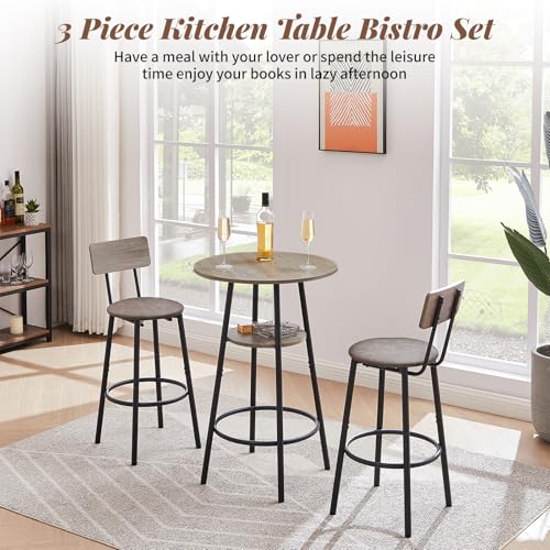 23.6” Diameter Round Bar Table Set for 2 with Storage Shelf, Counter Height Pub Table and Chairs, Small Round Kitchen Table with Backrest Stools for Small Spaces, Breakfast Nook Dining Table - color: Grey, style: Round w/ Upholstered Stool