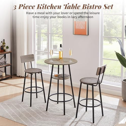23.6” Diameter Round Bar Table Set for 2 with Storage Shelf, Counter Height Pub Table and Chairs, Small Round Kitchen Table with Backrest Stools for Small Spaces, Breakfast Nook Dining Table - color: Grey, style: Round w/ Upholstered Stool