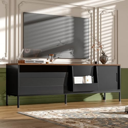 Modern TV Stand 71 in for TVs up to 75 Inches, Entertainment Center with Sliding Doors and Adjustable Shelves for Living Room, Black Media Console with Walnut Top and Sturdy Metal Frame - color: Black-h-70.90 X 15.70 X 22.50 Inch