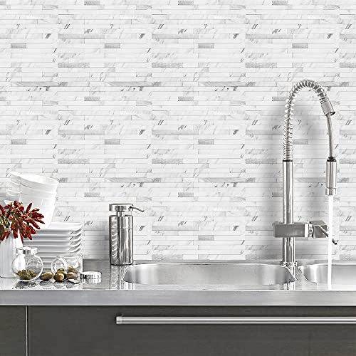 DICOFUN 10-Sheet Peel and Stick Backsplash Tile, Faux White Marble Look PVC Mixed Metal Stick on Backsplash Tiles for Kitchen and Bathroom, 9.4 sq.ft - color: White Marble and Metal Silver, size: 10 Sheets, 12’’x12’’x0.12’’