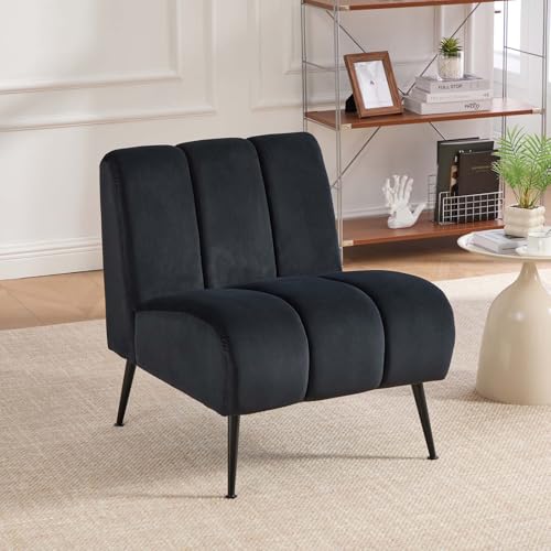 Velvet Slipper Chair, Armless Upholstered Accent Chair with Black Metal Legs, Modern Lounge Chair for Living Room, Bedroom, Office & Reading Nook (Black+Metal) - color: Black+metal