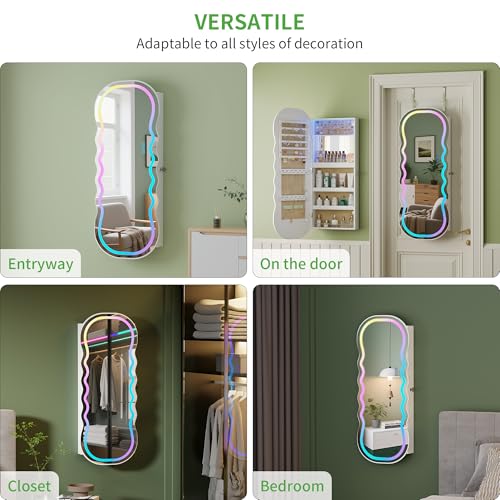 HNEBC LED Mirror Jewelry Cabinet with RGB Lights,42.5" Wall Mounted Jewelry Organizer with Full-Length Mirror,Over The Door Hanging Jewelry Armoire Storage Cabinet,Lockable,Wide Wavy Mirror - color: RGB-White