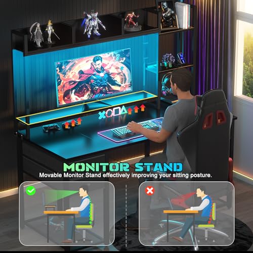 Aheaplus LED Gaming Desk with Hutch, 47.2'' Computer Workstation, Black - color: Black, size: 47.2''