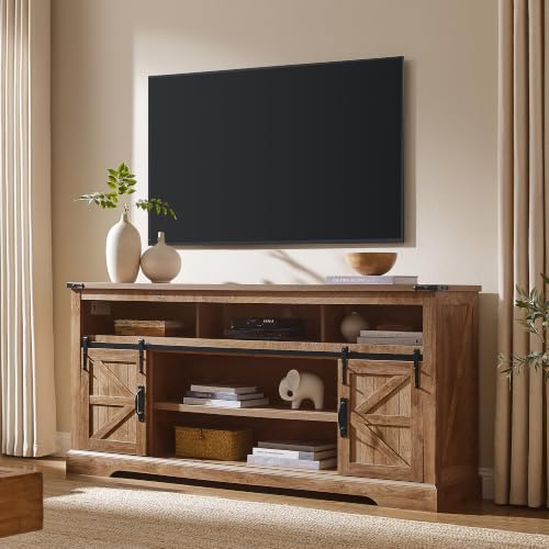 OKD 70" Farmhouse TV Stand for TVs up to 80", Light Knotty Oak | 33" Tall, Rustic Entertainment Center, Sliding Barn Door, Large Open Storage Shelf, 2 Storage Cabinets, Living Room, Bedroom - color: Light Knotty