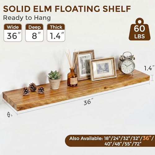 Dreamland 36 Inch Long Floating Shelves Set of 2, Rustic Solid Elm Wood Floating Shelf Wall Mounted, 8 Inch Deep Wooden Wall Shelves for Living Room, Bedroom, Bathroom, Kitchen, Natural - color: Natural, size: Flat Edge - 36"L