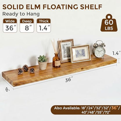 Dreamland 36 Inch Long Floating Shelves Set of 2, Rustic Solid Elm Wood Floating Shelf Wall Mounted, 8 Inch Deep Wooden Wall Shelves for Living Room, Bedroom, Bathroom, Kitchen, Natural - color: Natural, size: Flat Edge - 36"L