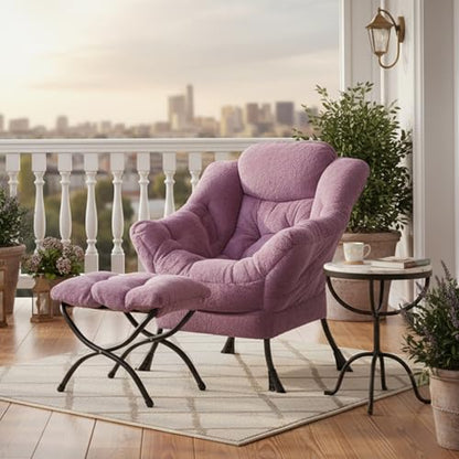 Lazy Chair with Ottoman, Comfy Reading Accent Chair, Plush Purple | Foldable Footrest, Padded Seat and Backrest, Side Pocket for Lounging in Living Rooms, Bedrooms, Dorms and Small Spaces - color: Plush-purple
