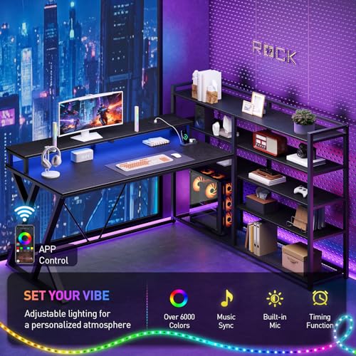 L Shaped Gaming Desk with Bookshelf, 52'' Reversible Computer Desk with LED Light & Power Outlet, Corner Desk with Storage Shelves and Monitor Stand for Home Office, Black