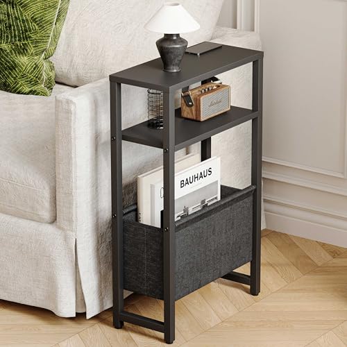 Narrow Side Table, Slim End Table with Magazine Rack, Skinny Bedside Table for Small Spaces, 3 Tier Sofa Couch Table Nightstand for Living Room, Bedroom, Black LET503B - color: Black, style: No Charging Station