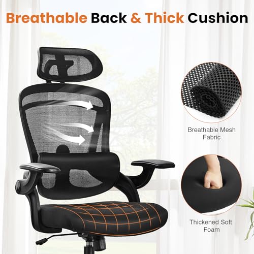DUMOS Executive Home Office Chair, Ergonomic Computer Desk Chair, Mesh | 300 LBS, High Back, 2D Headrest, Adjustable Lumbar Support, Flip-up Armrests, Swivel Wheels, Black - color: Black