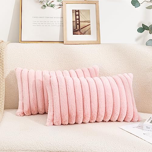 Uhomy Set of 2 Faux Fur Home Decorative Throw Pillow Cover Luxury Super Soft Fuzzy Striped Furry Pillowcase for Sofa Couch Bedroom Comfy Thick Fluffy Plush Cushion Cover 12x20 Inch Light Pink 30x50 cm - color: Light Pink, size: 20" x 12" (Pack of 2)
