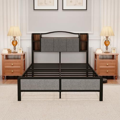 Full Bed Frame with LED Lights & Charging Station | Upholstered Headboard & Footboard, No Box Spring Needed, Noise-Free Easy Assembly, Large Under Bed Storage - size: Full