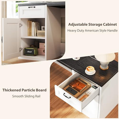 HUAHUU 78" Farmhouse L Shaped Executive Desk with Drawers, Modern Computer Desk with Power Outlets, Office Writing Desk with Monitor Stand & Storage Cabinet, Printer Shelf, Antique White - color: Black and White
