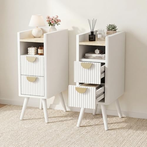 Narrow Nightstand with Drawers,Tall Skinny Bedside Table Dorm White | Small Side Table Set of 2 for Bedroom, Slim End Table for Livingroom, Boho Style Marble Nightstand - color: White, size: 2
