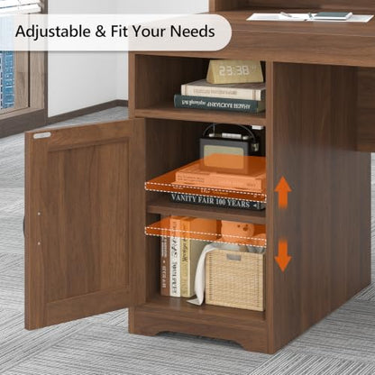 65" Farmhouse Computer Desk with Drawers and Printer Stand for Home Office | Office Desk with Power Outlets and Storage Cabinet, Study Writing Desks with Long Monitor Stand, Brown - color: Brown