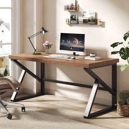 60 Inch Solid Wood Computer Office Desk Small Writing Desks for Home | Minimalist Large Rustic Real Natural Wood Table for Home Office Industrial PC Gaming Computer Workstation - color: Brown, size: 60 inch