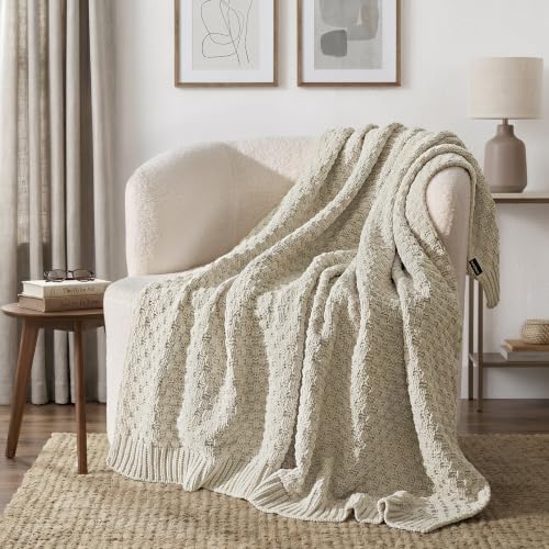 EVERGRACEHOME Chunky Chenille Knit Throw Blanket, Birch, 60" x 80" | Basketweave Chenille Knit, OEKO-TEX Certified, Lightweight Warmth, Modern Farmhouse, Decorative Throw for Couch, Bed & Sofa - color: Birch, size: 60" x 80"