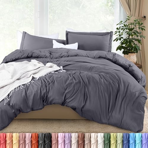 Duvet Cover Full, 3 Piece Cotton Like Polyester With Zipper Closure, Grey | Extra Soft and Breathable, Wrinkle & Fade Resistant, Includes Duvet Cover and 2 Pillow Shams, Comforter Not Included, OekoTex - color: Grey, size: Full - Duvet Cover Set