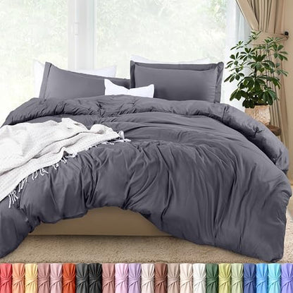 Duvet Cover Full, 3 Piece Cotton Like Polyester With Zipper Closure, Grey | Extra Soft and Breathable, Wrinkle & Fade Resistant, Includes Duvet Cover and 2 Pillow Shams, Comforter Not Included, OekoTex - color: Grey, size: Full - Duvet Cover Set