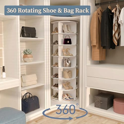 Cushore 7 Tier Rotating Shoe Rack Tower, 360° Spinning Shoe Display Lazy Susan, Tall Revolving Shoe Storage Round Carousel, White - size: 24Inch