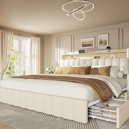 Bed Frame King Size with Upholstered Headboard & Charging Station, King Bed Frame with 4 Storage Drawers, 2-Tier Open Shelves, No Box Spring Needed, Slient Foam Strip, Easy Assembly, Beige - color: Beige, size: King