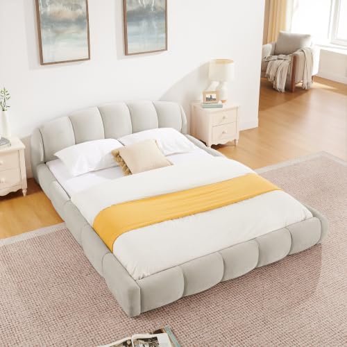 68" Bed Frame Queen Size, Low Platform Bed with Curved Headboard, Beige | Chenille Upholstered Bed Frame with Segmented Padded Washable Cushions, Wood Slats Support, Noise-Free, No Box Spring Needed - color: Beige, size: Queen