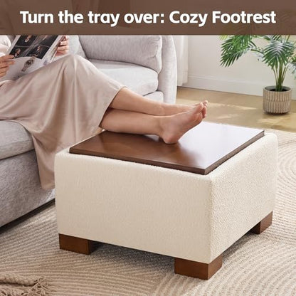 WUTUTUEE 24" Square Ottoman Coffee Table with Storage, Boucle Ottomans with Tray and Solid Wood Legs for Living Room, Bedroom and Apartments, Small Modern Ottoman Tea Table with Lift-Off Lid, Beige - color: 24'' Beige Boucle