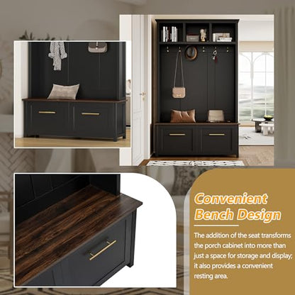 JIVOIT 4-in-1 Entryway Hall Tree with Brown Wood Grain Storage Bench, Wood Entryway Coat Hanger Hall Tree with 6 Golden Hooks, 2 Drawers, Coat Rack for Living Room, Hallway (Black/31) - color: Black/31