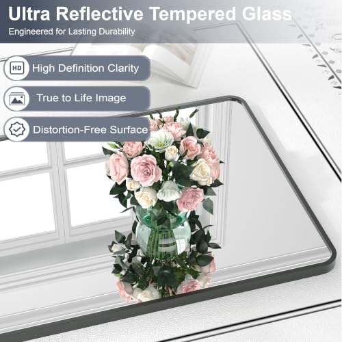 Krymnar 30"x22" Bathroom Vanity Mirror Over Sink, Black Rectangular Aluminum Frame with Rounded Corner(Small-Radius), HD Shatterproof Glass & Rust-Proof Wall Mirror for Bedroom, Living Room, Entryway - size: 30"L x 22"W