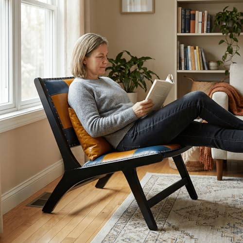 Mid-Century Modern Accent Chair, Low-Profile Lounge Chair with Solid Wood Frame, Faux Leather Upholstered Patchwork Design for Living Room, Bedroom & Reading Corner(Blue-Yellow) - color: Blue-yellow