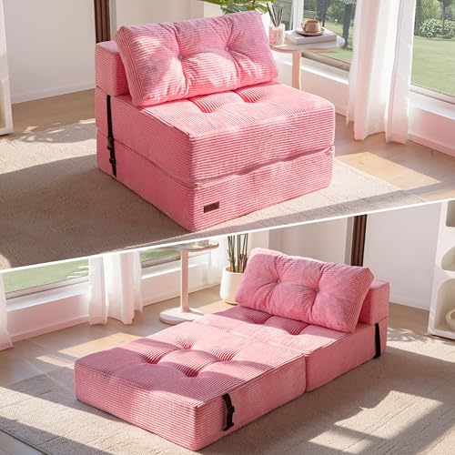 MAXYOYO Folding Sofa Bed, Convertible Chair Bed with Pillow | Portable 4 in 1 Fold Out Chair to Floor Bed, Versatile Floor Sofa Couch for Living Room Bedroom, Pink, Single - color: Pink, size: Single