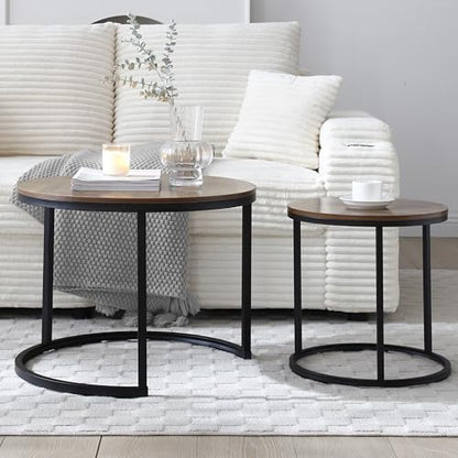 Nesting Side Tables, Coffee Table Set of 2 with Sturdy Metal Frame, Modern Industrial Simple Nightstand for Living Room Bedroom Apartment (Walnut) - color: Walnut