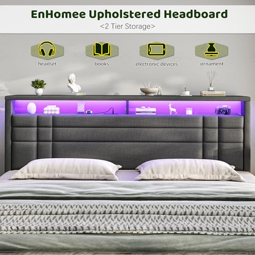 EnHomee King Upholstered Bed Frame with Charge Station & LED Lights, Grey | 2-Tier Shelves Headboard, 12" Under-Bed Storage Space, Noise-Free, No Box Spring Needed, Easy Assembly - color: Grey, size: King (U.S. Standard)