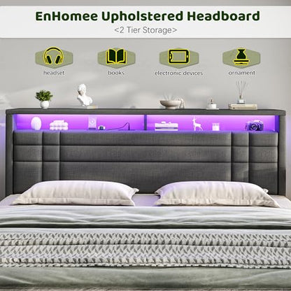 EnHomee King Upholstered Bed Frame with Charge Station & LED Lights, Grey | 2-Tier Shelves Headboard, 12" Under-Bed Storage Space, Noise-Free, No Box Spring Needed, Easy Assembly - color: Grey, size: King (U.S. Standard)