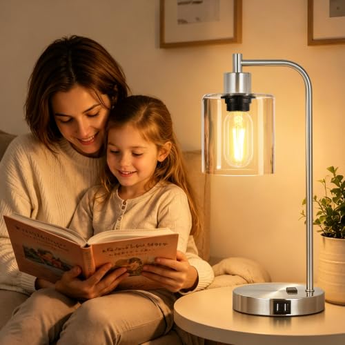Industrial Touch Control Table Lamps Set of 2 - Brushed Nickel Nightstand Bedside Lamps with 2 USB Ports & AC Outlet, 3-Way Dimmable Desk Lamp for Bedroom Living Room, Glass Shade & LED Bulbs Included - color: Brushed Nickel(2 pack) - Clear Glass-Touch Co