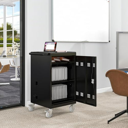 30-Device Mobile Charging Cart Station for Tablets & Laptops ,Secure Storage & Fast Charging,Heavy-Duty Steel Construction with Locking Wheels & Cable Management,Ideal for Schools & Offices，black - color: Matt Black