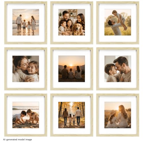 HEART ART 12x12 Natural Wood Picture Frame 8x8 with Mat Set of 9 | Gallery Wall Frame Set, Collage, Square Picture Frames - color: Natural Wood, size: 12x12 for 8x8