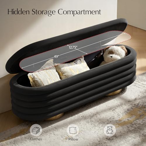 HULALA HOME Velvet Storage Bench, Large Upholstered Ottoman Bench with Button Tufted Design for Living Room, Bedroom, Entryway, or Window, Black - color: Black