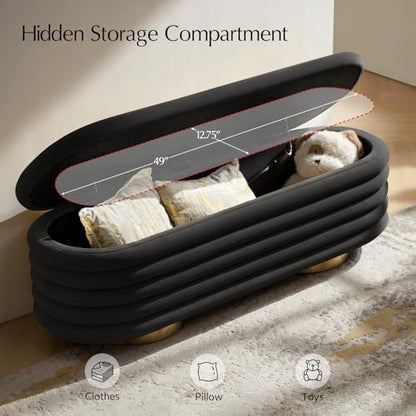 HULALA HOME Velvet Storage Bench, Large Upholstered Ottoman Bench with Button Tufted Design for Living Room, Bedroom, Entryway, or Window, Black - color: Black