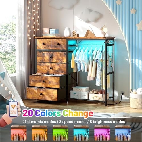 EnHomee 125cm W 드레서, 걸이용 랙 및 서랍 6개, 그리드 패널 및 후크 4개 포함 | LED 조명 및 충전 스테이션, 침실용 나무 상단 정리 유닛, 스틸 프레임이 있는 서랍장, 브라운 - color: 러스틱 브라운.