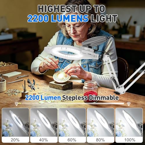 KIRKAS LED Magnifying Lamp with Clamp, 2,200 Lumens Dimmable 35in 12X | Magnifying Glass with Light for Repair Reading Craft Needlework Workbench Magnifier Dust Cover Adjust Swivel Arm - color: White 35in
