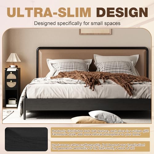 Narrow Nightstand Set of 2 (Rattan & Wood) - Small Bedside Table with 2 Drawers, Open Shelf, Mid Century Modern End Table - for Bedroom, Living Room & Small Spaces, Black - color: Black, size: 7.9"W (2 Pc)